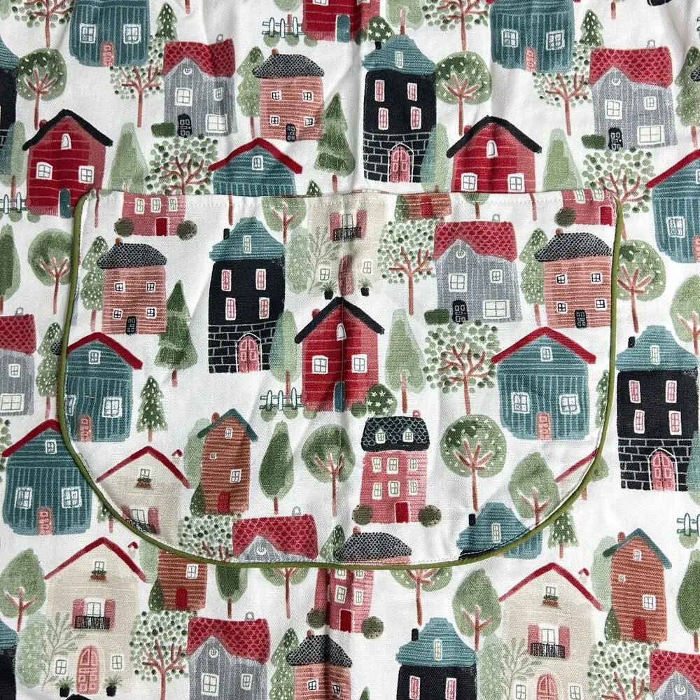 Handmade Apron Village Neighborhood Tapestry with Pockets & Forest Green Frill